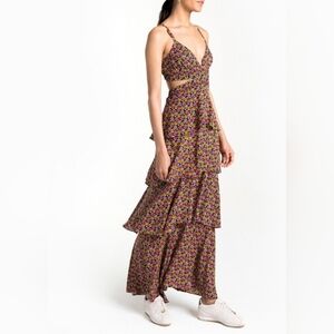 A.L.C. Floral Cutout Titus Tiered Maxi Dress Ruffle Silk Black Purple Yellow 0